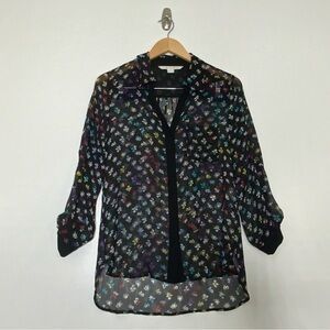 Diane Von Furstenberg Black and Floral Silk Button Front Sheer Top. Size 2.